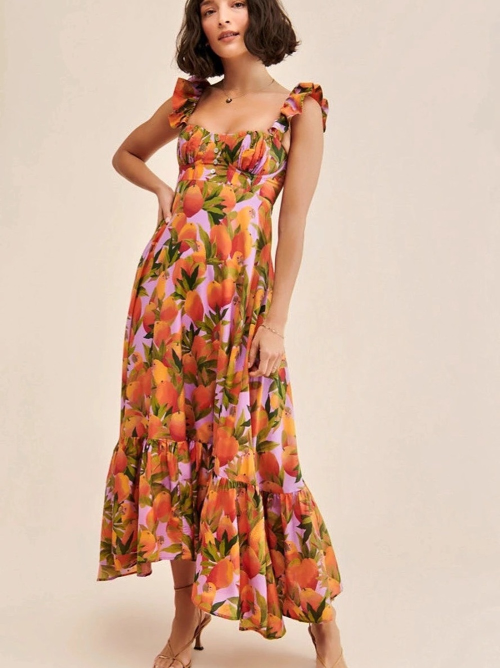 Farm Rio Floral Ruffle Strap Midi Dress in Pink & Orange Like New